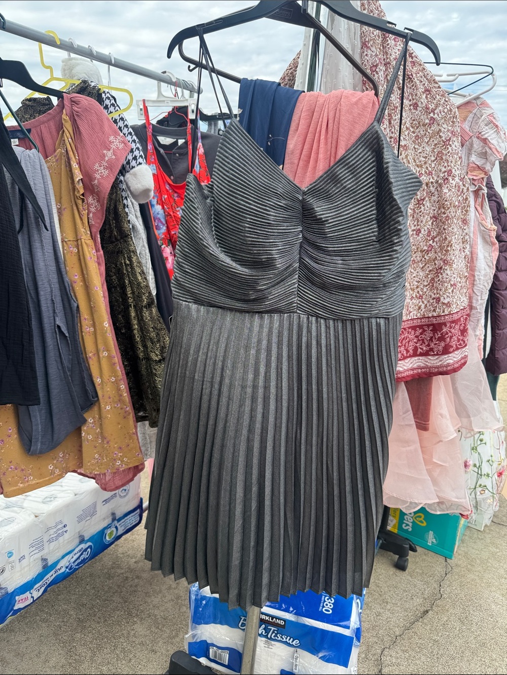 Express Metallic Gray Pleated Spaghetti-Strap Dress
